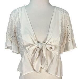 American Eagle Ivory Eyelet Tie Front Top Festival Small Boho Peplum Blouse